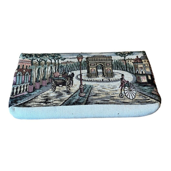 Vintage Clutch Purse Handbag Embroidery Design Street scene 10" long READ - Picture 1 of 6